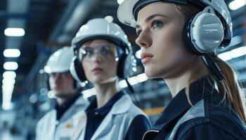 Three women in hard hats and safety gear looking at something thoughtfully in a factory photo