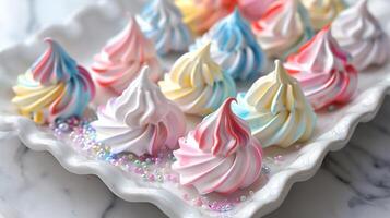 Colorful swirled meringue cookies with crisp exteriors and chewy centers arranged on a white serving platter, photorealistic photo