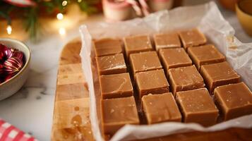 Batch of homemade holiday fudge cut into squares wrapped in festive parchment, photography photo