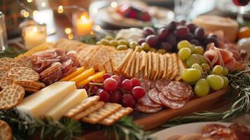 Beautifully arranged charcuterie board with cheeses crackers and fruits, photorealistic photo
