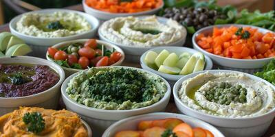 Assorted low-carb dips including guacamole, hummus, and spinach dip, on a platter, photorealistic photo