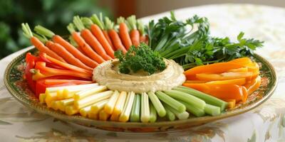 Platter of fresh-cut vegetables like carrots, celery, and bell peppers with hummus dip, picture photo
