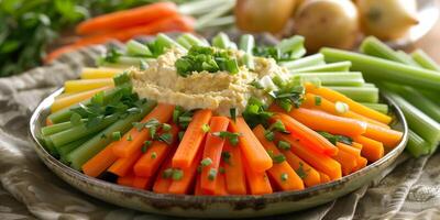 Platter of fresh-cut vegetables like carrots, celery, and bell peppers with hummus dip, photorealistic photo