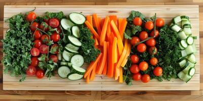 Spread of raw vegetables on a bamboo cutting board, photography photo