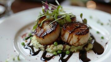 Plated seared scallops with pea puree microgreens and balsamic reduction, photography photo