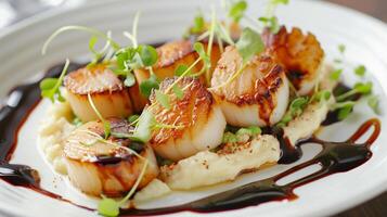 Plated seared scallops with pea puree microgreens and balsamic reduction, photo