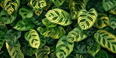 Bed of calatheas with intricate patterns of stripes and spots in varying shades of green, picture photo