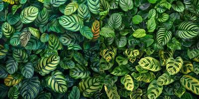 Bed of calatheas with intricate patterns of stripes and spots in varying shades of green, photography photo