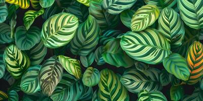 Bed of calatheas with intricate patterns of stripes and spots in varying shades of green, photorealistic photo