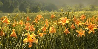 Bed of golden daylilies swaying gently in the breeze on a clear, sunny day, picture photo