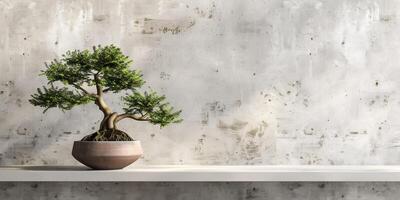 Bonsai tree in a rounded container is placed on a shelf, positioned against a plain backdrop, photography photo