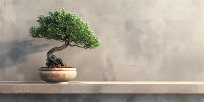 Bonsai tree in a rounded container is placed on a shelf, positioned against a plain backdrop, picture photo