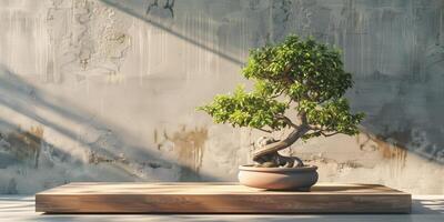 Bonsai tree is shown in a clay pot, displayed on a wooden platform in a minimalist space, photorealistic photo