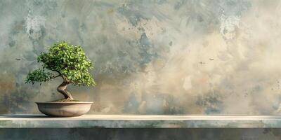 Bonsai tree in a rounded container is placed on a shelf, positioned against a plain backdrop, photorealistic photo