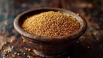 A bowl filled with yellow mustard seeds in brine fermenting into tangy mustard on a wooden surface, picture photo
