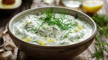 Bowl of creamy avocado tzatziki topped with chopped fresh dill and a splash of lemon juice, photorealistic photo