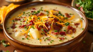 Bowl of creamy potato soup with tender chunks of potato bacon bits and cheddar cheese, photorealistic photo