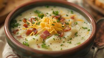 Bowl of creamy potato soup with tender chunks of potato bacon bits and cheddar cheese, picture photo