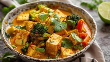 Bowl of dairy-free coconut curry with tofu broccoli and carrots garnished with cilantro and lime, photography photo