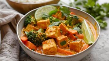Bowl of dairy-free coconut curry with tofu broccoli and carrots garnished with cilantro and lime, photorealistic photo