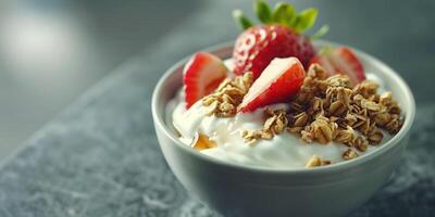 Bowl of Greek yogurt topped with a handful of berries, picture photo