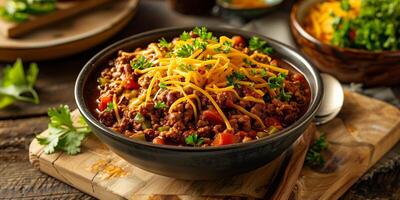Bowl of keto chili with ground beef, tomatoes, bell peppers, and shredded cheddar cheese, photorealistic photo
