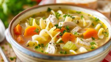 Bowl of rich chicken noodle soup with chicken carrots celery and egg noodles in savory broth, photorealistic photo