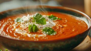 Steaming hot tomato basil soup garnished with coconut cream and chopped basil, photorealistic photo