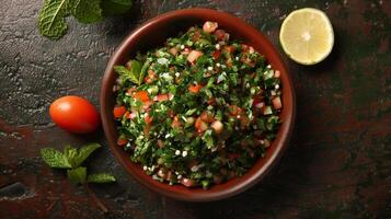 Bowl of tabbouleh salad with bulgur parsley mint tomatoes and lemon juice, picture photo