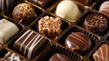 Box of assorted sugar-free chocolates with flavors like dark chocolate coconut and almond elegantly arranged, photo
