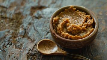 Ceramic bowl of rich miso paste with a wooden spoon on a rustic table, picture photo