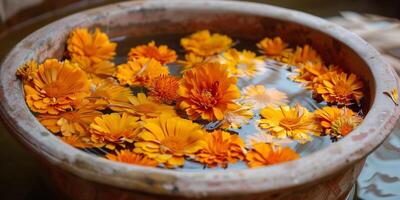 Ceramic bowl with marigold flowers submerged in boiling water for dye extraction, photo