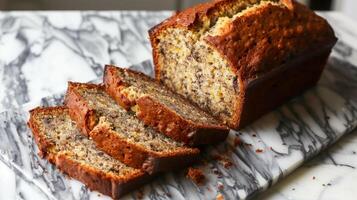 Freshly baked banana bread loaf sliced with moist and tender crumb, photo