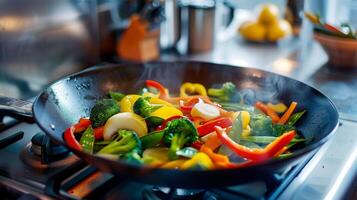 Clean modern kitchen counter with a colorful vegetable stir-fry in a large wok showcasing bright bell peppers broccoli snap peas and carrots, photography photo