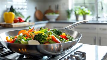 Clean modern kitchen counter with a colorful vegetable stir-fry in a large wok showcasing bright bell peppers broccoli snap peas and carrots, photorealistic photo