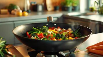 Clean modern kitchen counter with a colorful vegetable stir-fry in a large wok showcasing bright bell peppers broccoli snap peas and carrots, photo