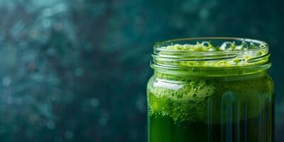Close-up of a glass jar with vibrant green raw juice, picture photo