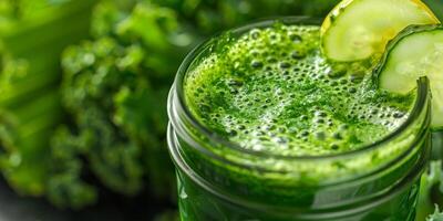 Close-up of a glass jar with vibrant green raw juice, photo