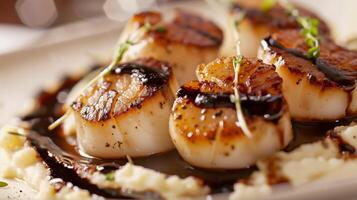 Close-up of seared scallops on a bed of cauliflower puree with balsamic reduction, photo