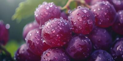 Close-up of organic grapes with morning dew on a rustic wooden surface, photorealistic photo