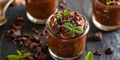 Close-up shot of paleo avocado chocolate mousse in a glass jar with cacao nibs and mint leaf, photorealistic photo
