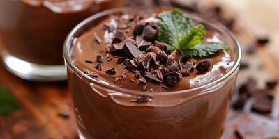 Low-carb chocolate avocado mousse with cacao nibs and mint leaves, photography photo