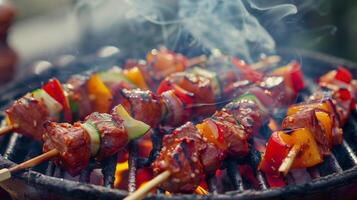 A close-up shot of a sizzling hot grill loaded with skewers of marinated meat and vegetables smoke rising into the air, photo