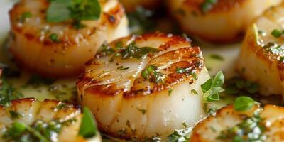 Close-up of seared scallops with fresh herbs and garlic butter sauce, photo
