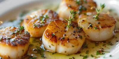 Close-up of seared scallops with fresh herbs and garlic butter sauce, photorealistic photo