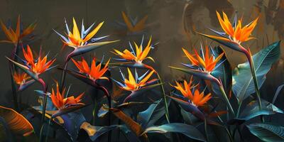 Cluster of bird of paradise plants with distinct orange and blue flowers resembling avian plumage, picture photo