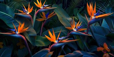 Cluster of bird of paradise plants with distinct orange and blue flowers resembling avian plumage, photography photo