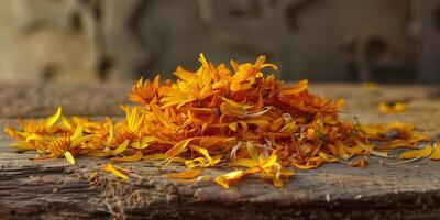 Cluster of dried calendula petals, arranged loosely on a rustic, wooden surface, picture photo