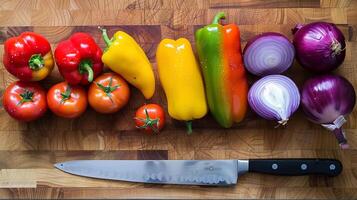 Colorful bell peppers tomatoes onions on wooden cutting board with sharp knife, picture photo