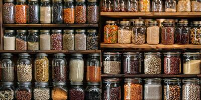 Glass jars with different types of beans, grains, and seeds neatly arranged on a pantry shelf, photorealistic photo